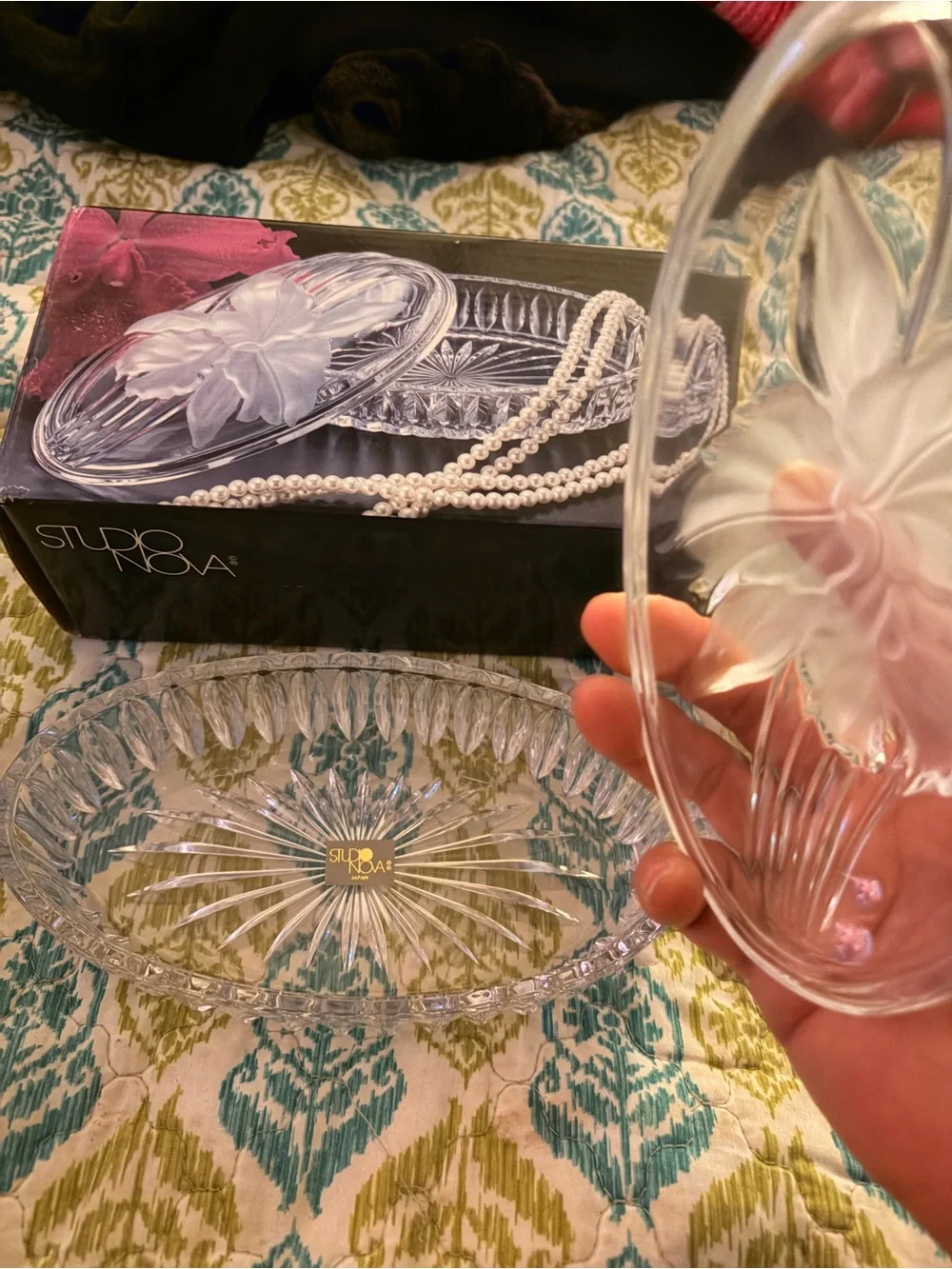 Studio Nova Clear Glass Floral-Top Oval Covered Dish
